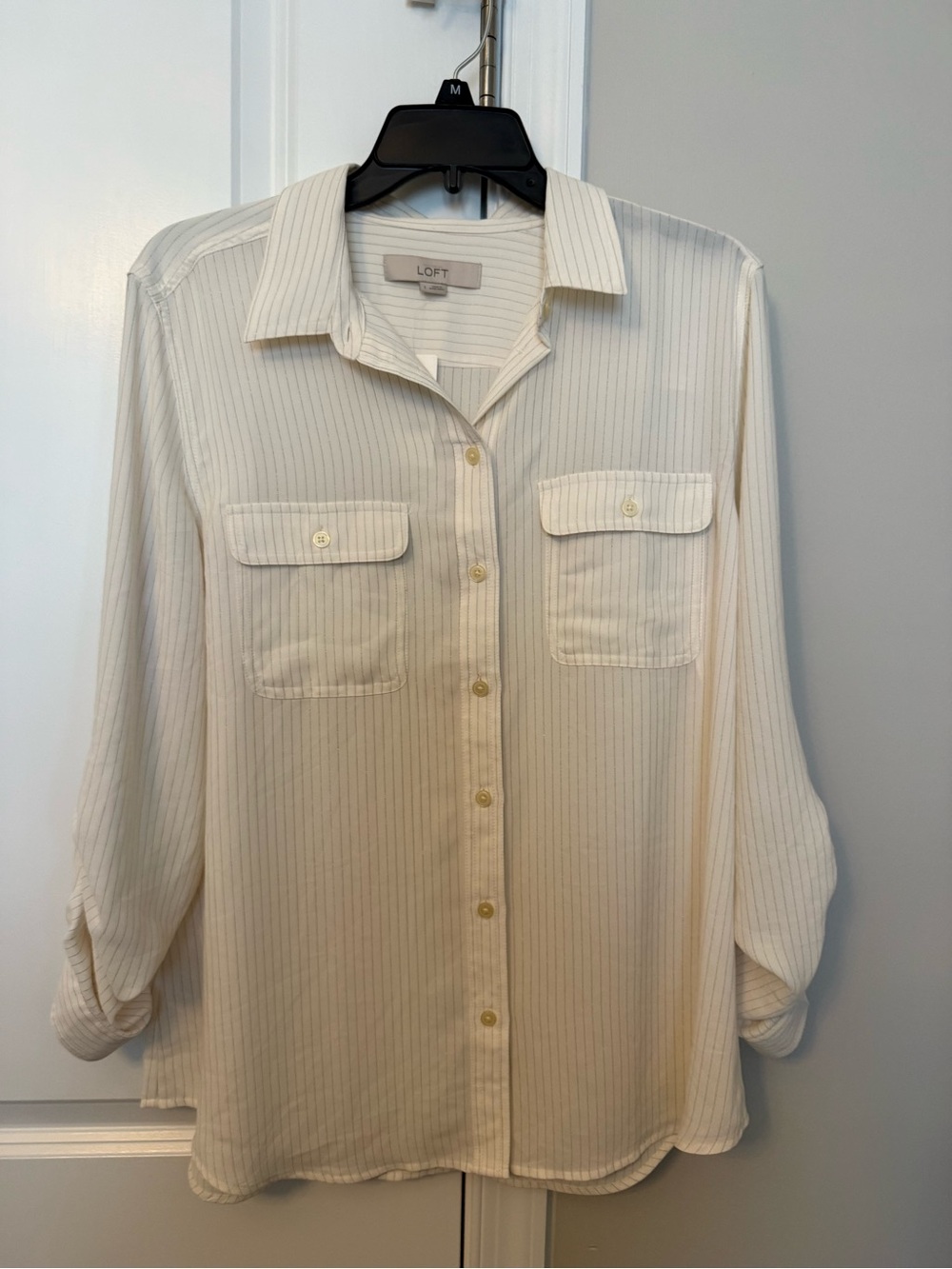 LOFT Cream Pinstripe Collared Button-Up Shirt